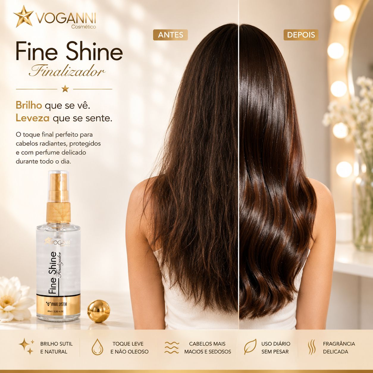 Finalizador Fine Shine Voganni Brilho Protetor Termico Capilar 60ml